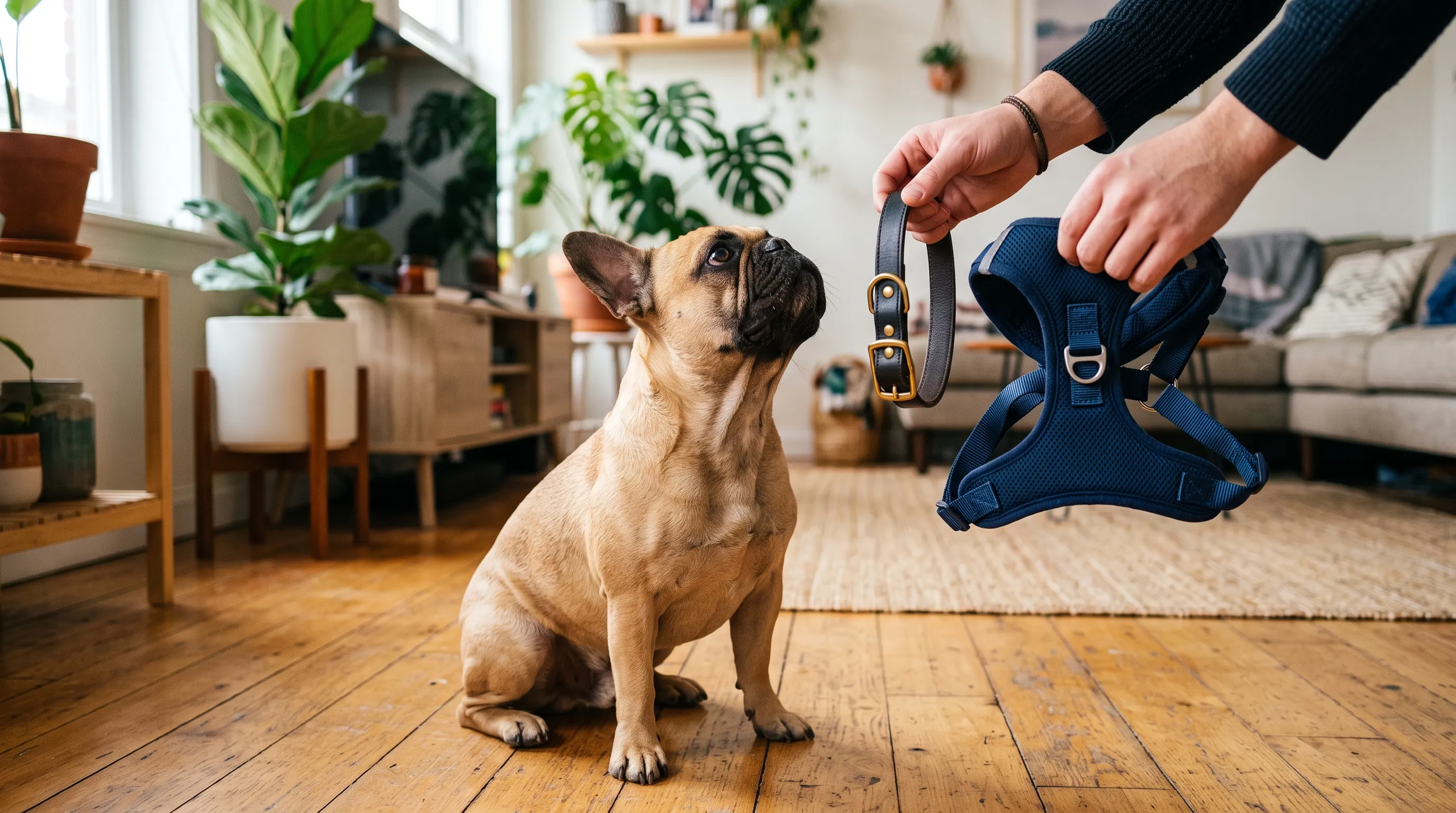 Bulldog francés mirando a su dueño, que sostiene un collar en una mano y un arnés en la otra