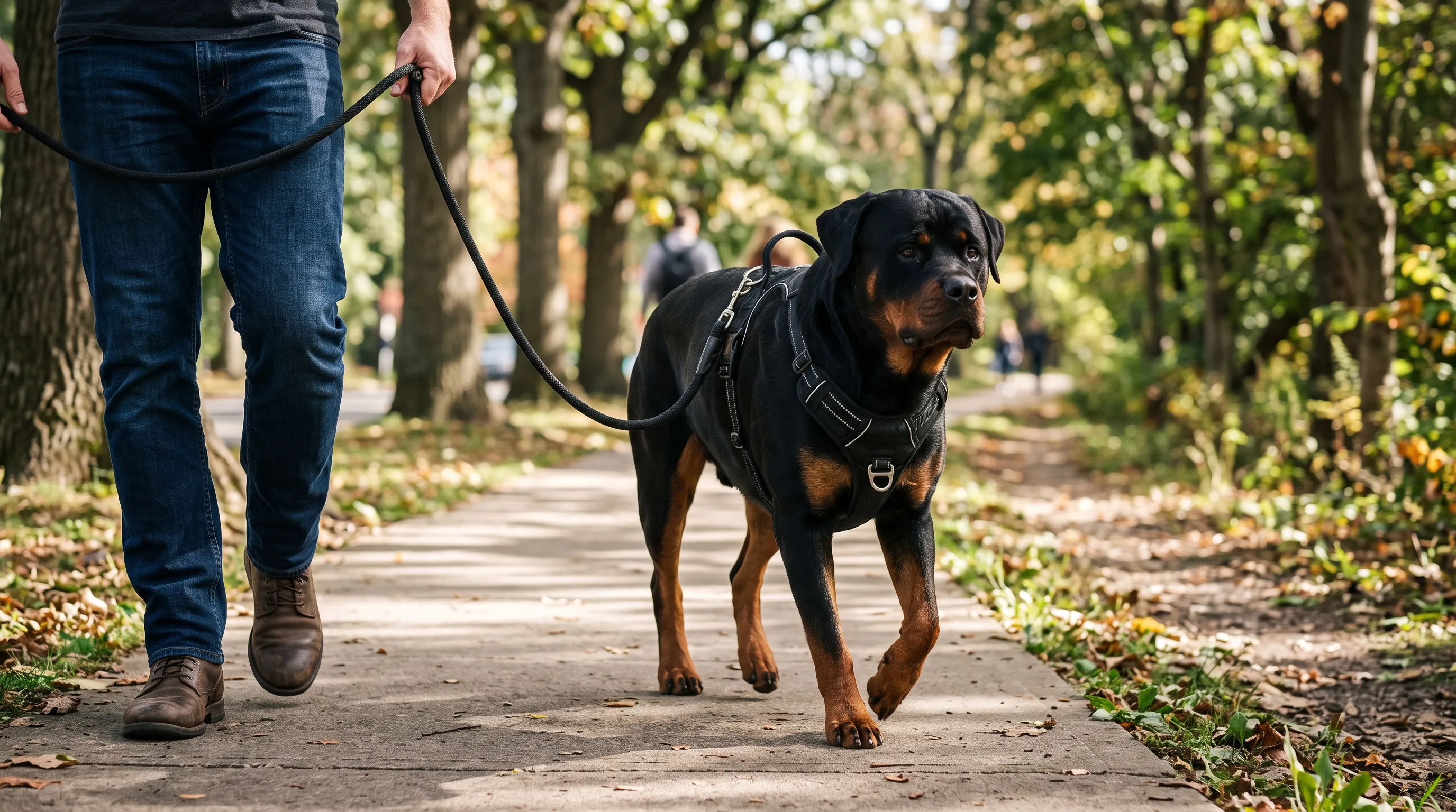 Rottweiler adulto caminando tranquilo con un arnés reforzado con asa junto a su dueño