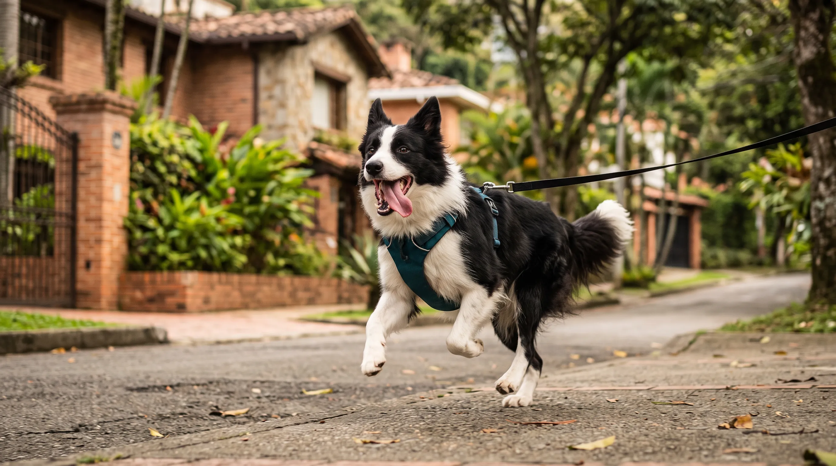 Border collie caminando feliz con un arnés acolchado que deja los hombros libres