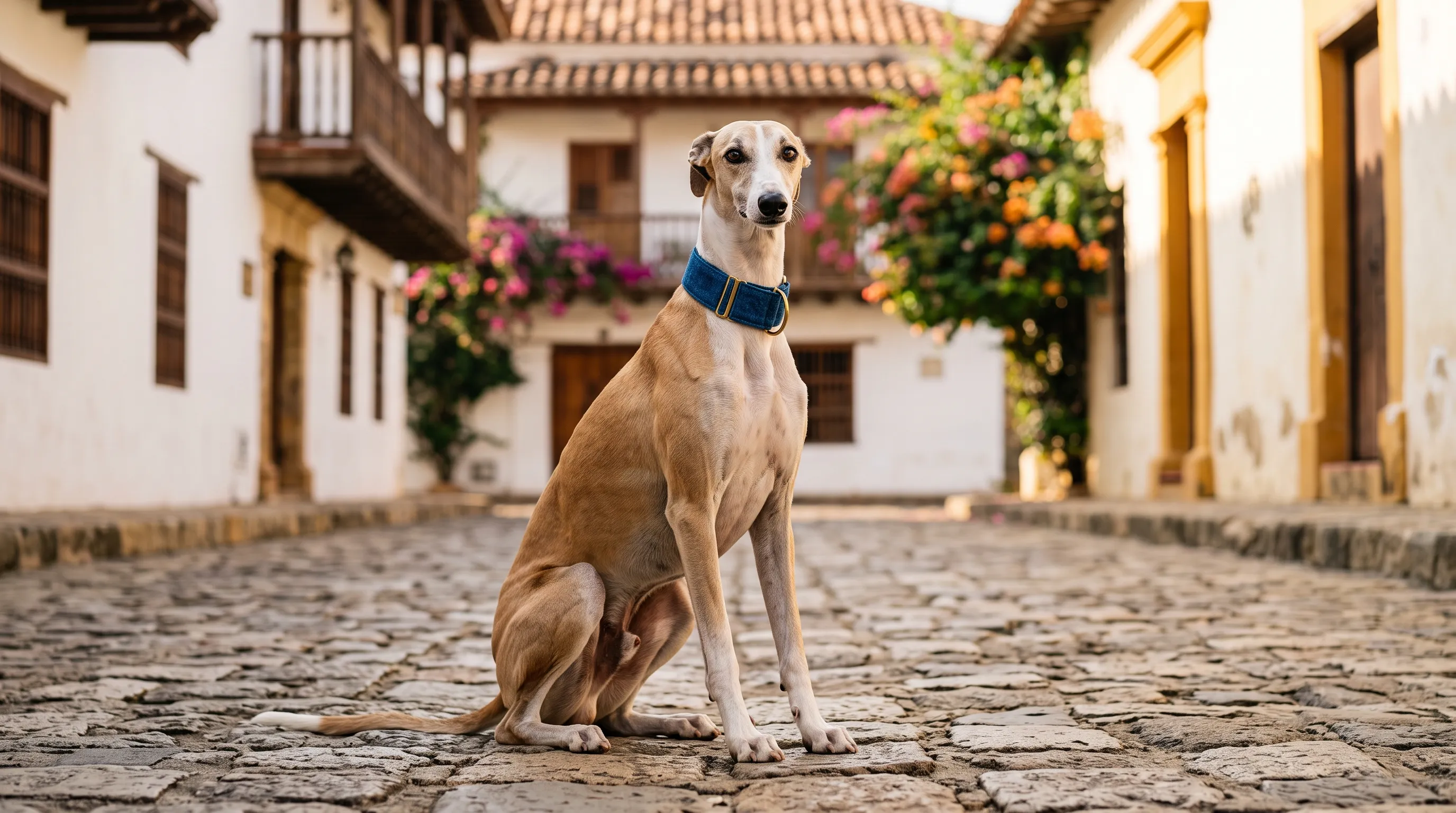 Galgo con collar martingale bien ajustado, sentado en una plaza colonial colombiana