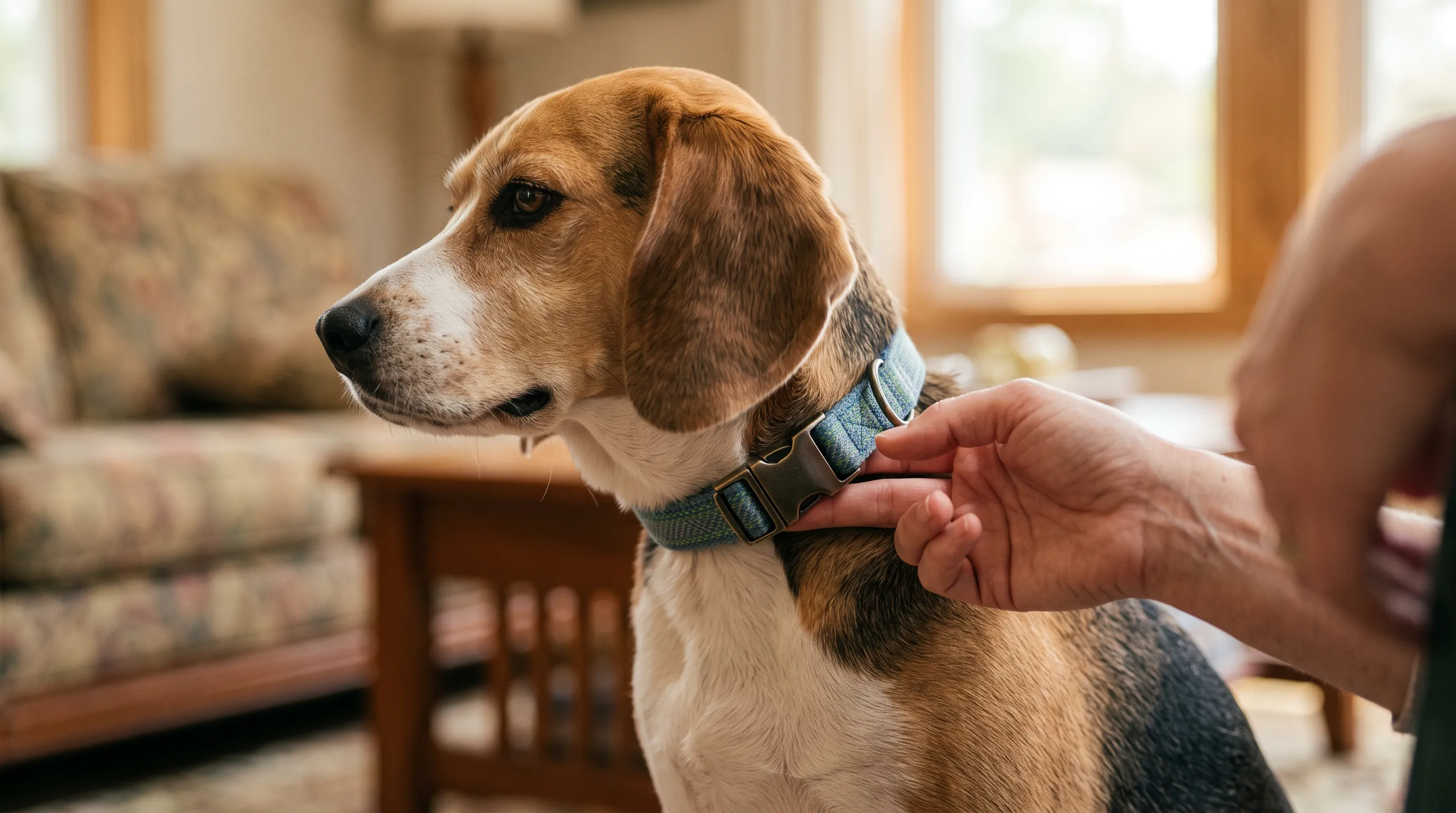 Mano comprobando el ajuste de un collar en el cuello de un beagle con la regla de los dos dedos