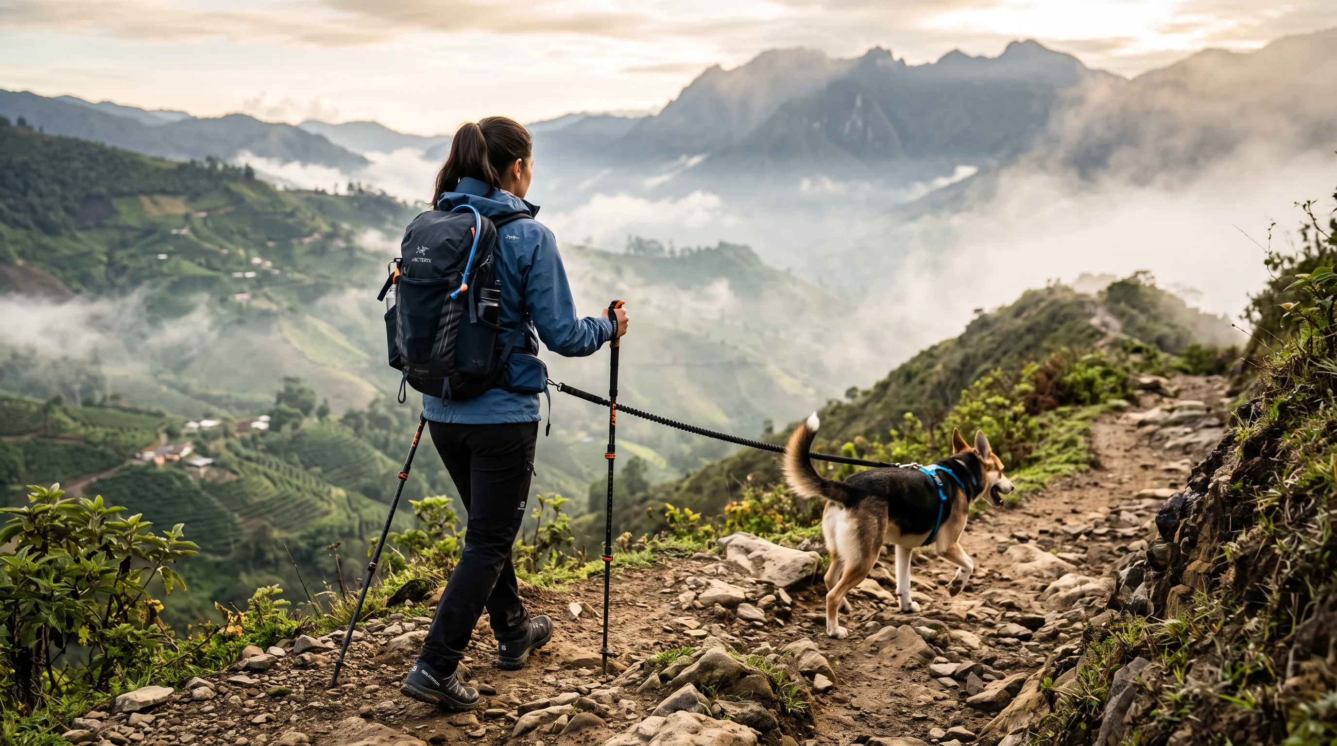 Caminante con la correa del perro anclada a un cinturón, con las manos libres, en un sendero de montaña