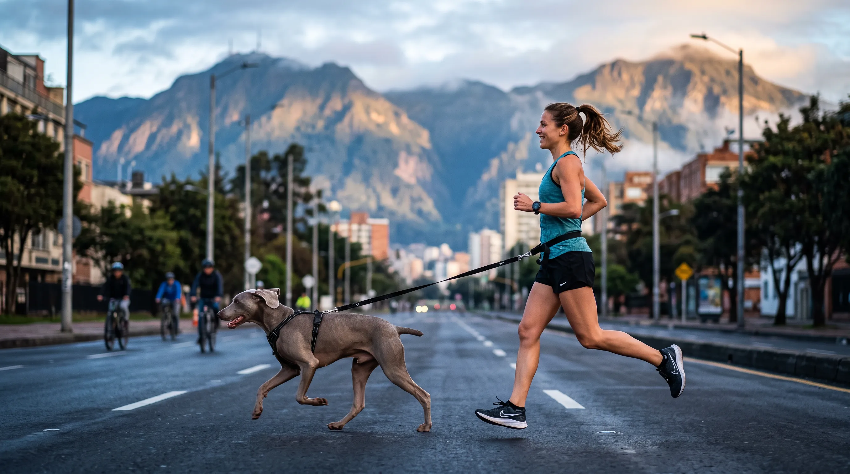 Corredor y su perro trotando al amanecer por la ciclovía de Bogotá con correa de cintura