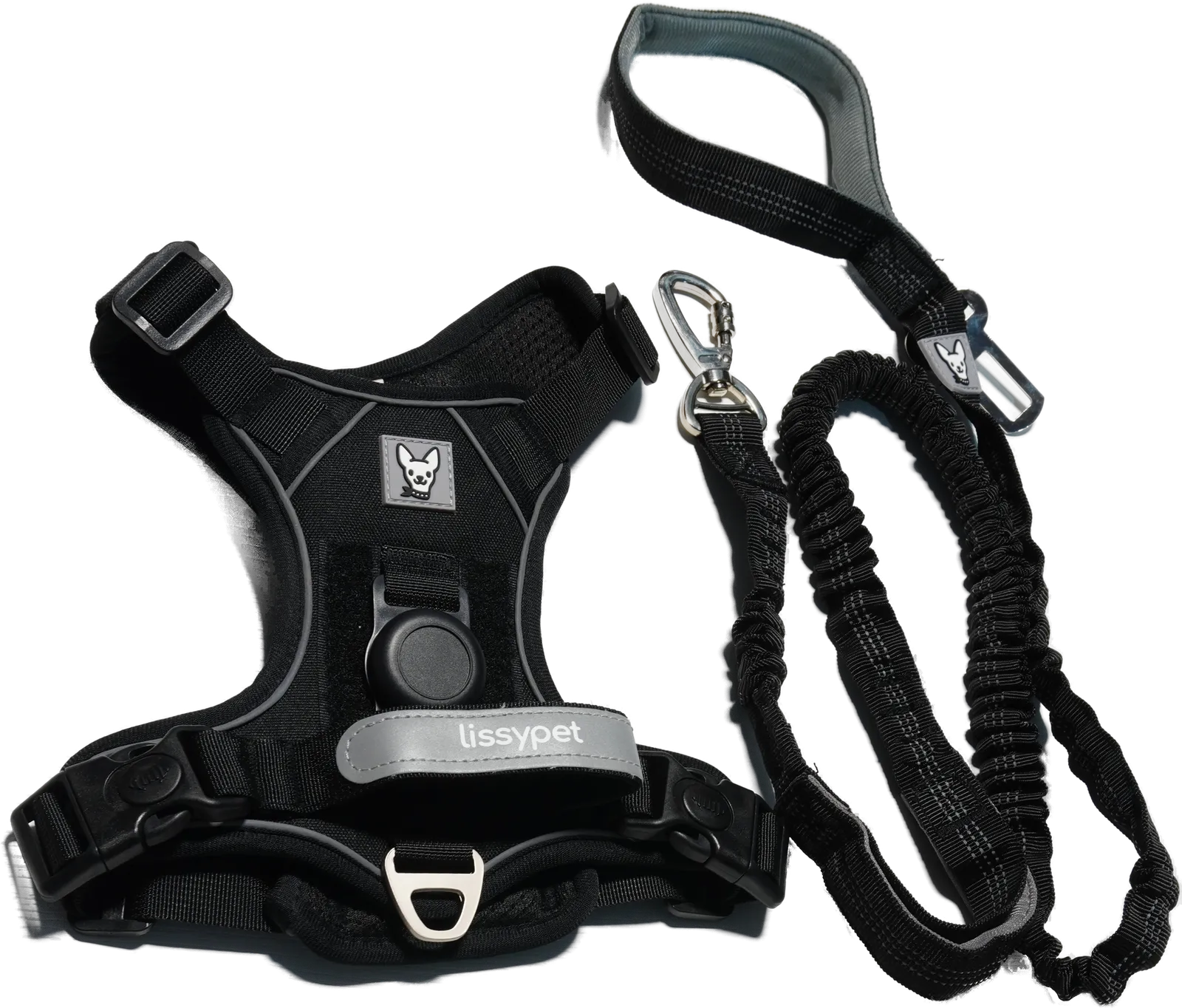 Cara dorsal del arnés para perro Lissypet: estuche para rastreador, asa de control y correa elástica