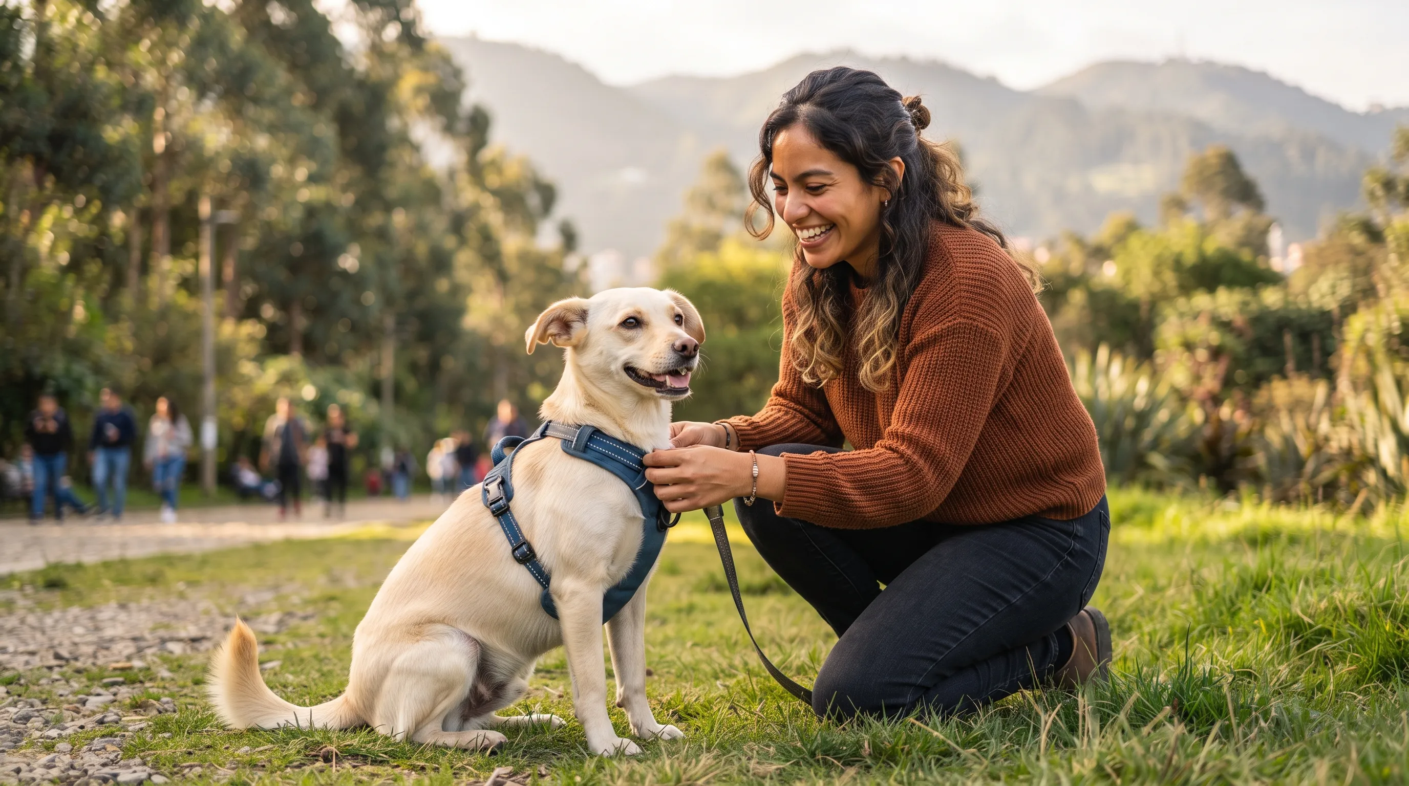 Mujer en un parque de Bogotá mostrándole un arnés acolchado a su perro criollo