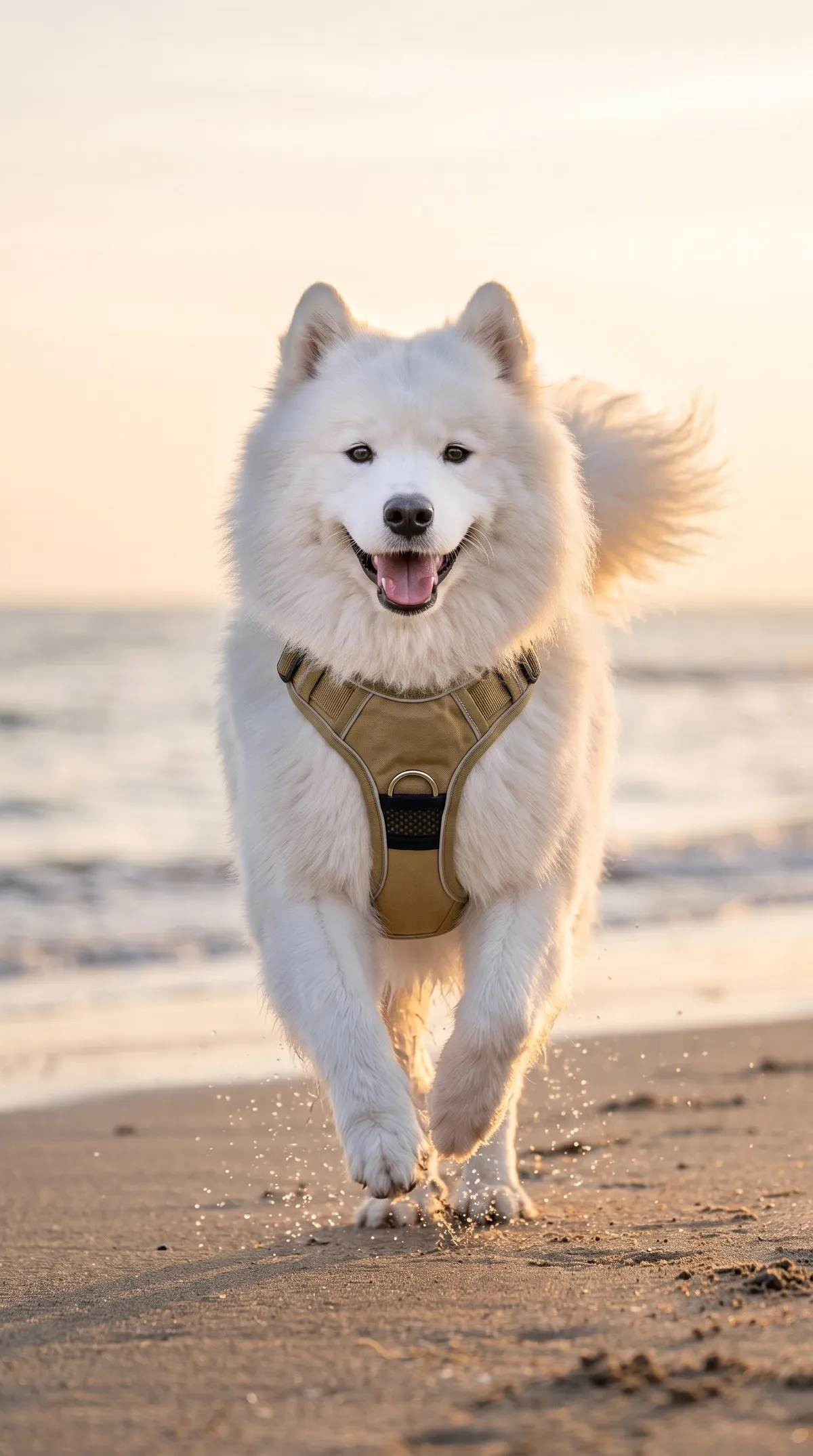 Samoyedo con arnés para perro Lissypet color arena corriendo por la playa al atardecer