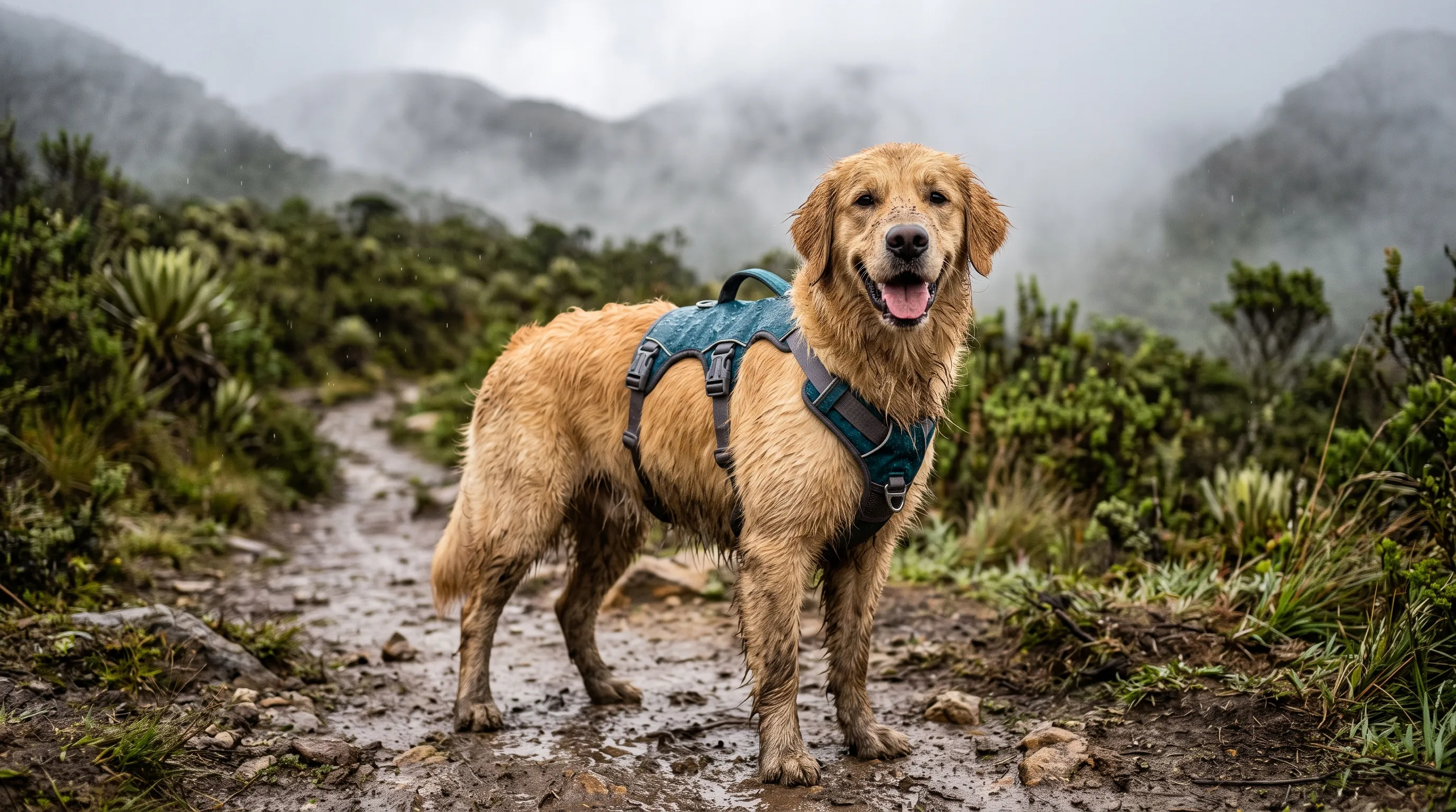 Golden retriever embarrado y feliz con su arnés en un sendero de montaña andina con llovizna