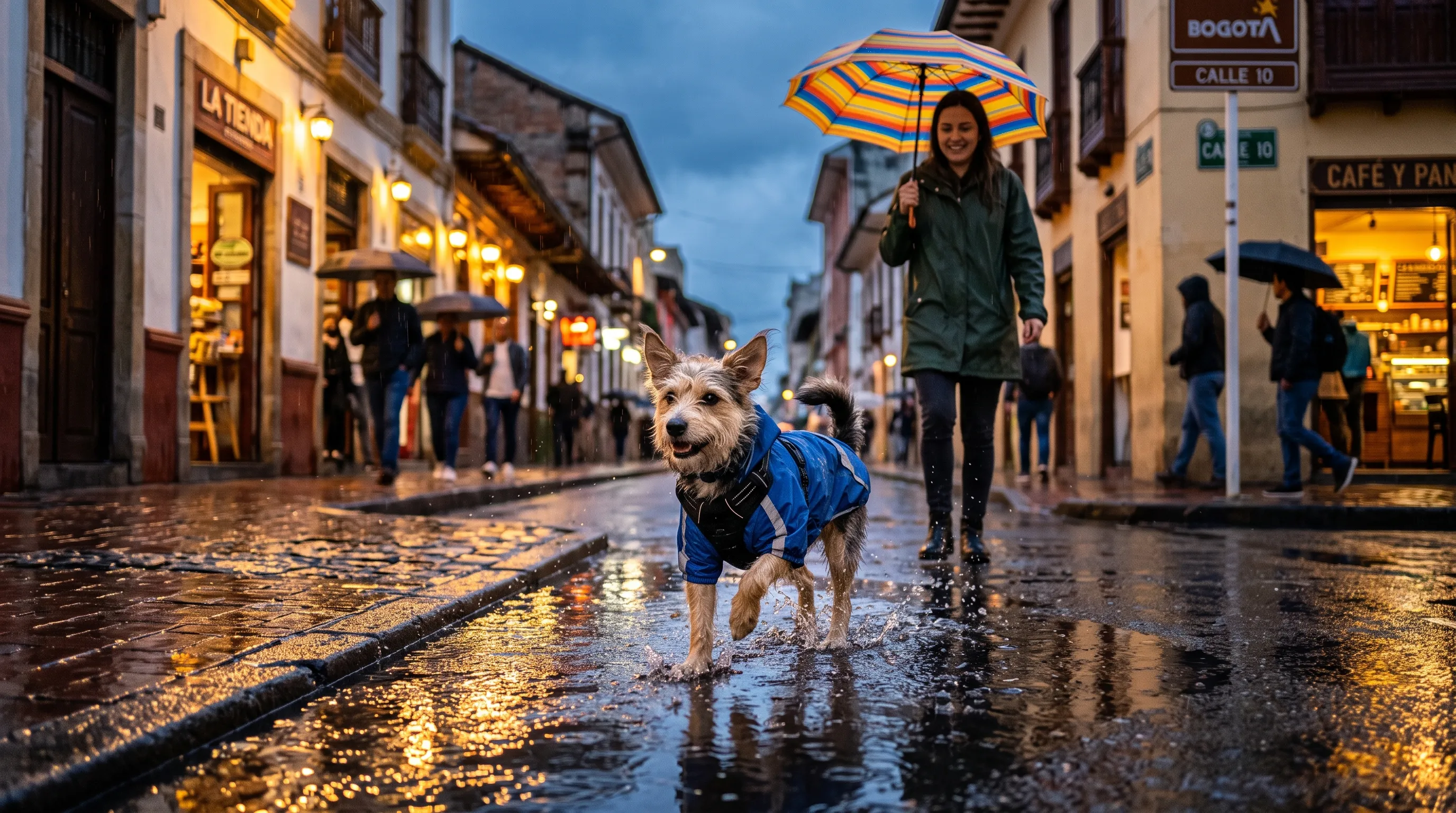 Perro criollo con impermeable y arnés saltando un charco en una calle de Bogotá bajo la lluvia