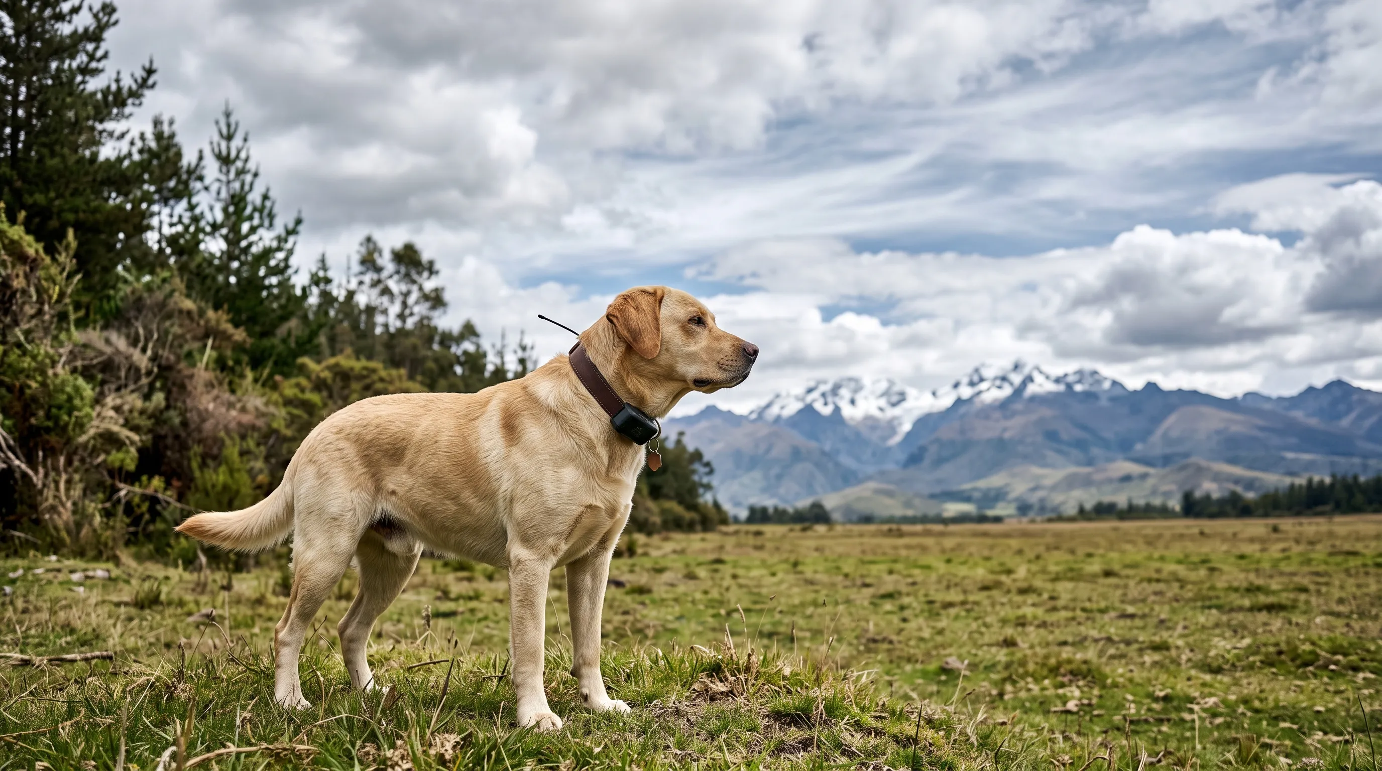 Labrador con un rastreador GPS en el collar, parado en un potrero abierto frente al bosque